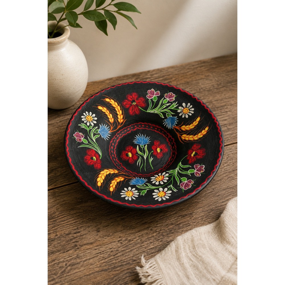 Antique Hungarian Folk Pottery Black Clay Floral Bowl Plate Cottagecore Decor
